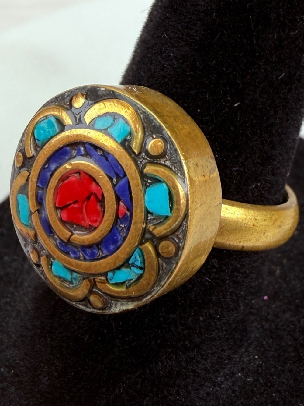 Vintage Brass Mosaic Inlay Statement Ring Size 7 Boho Artisan